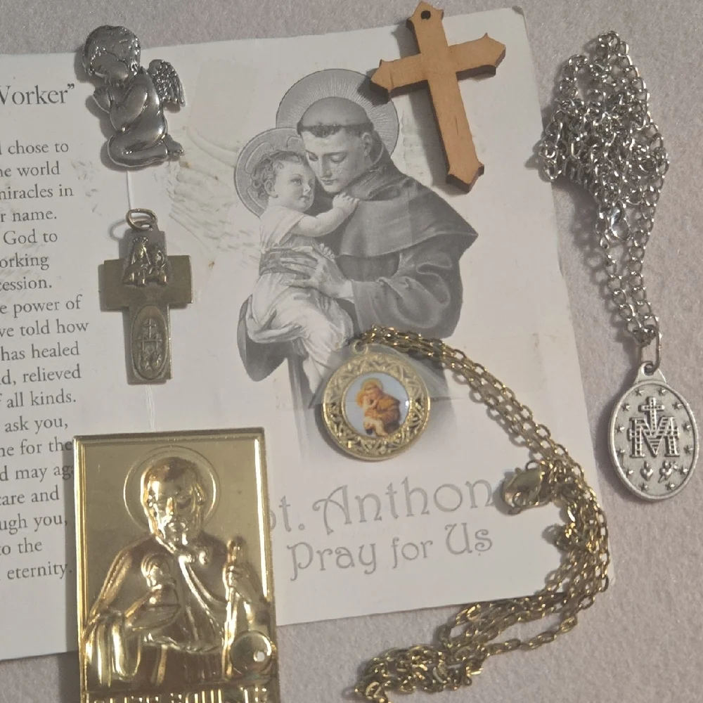 Vintage Goldtone and Silver Religious Pendant Necklace, 2 Crosses Angel 3 Medals